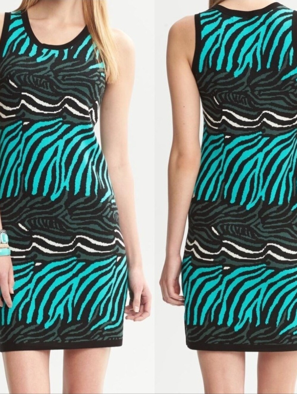 Banana Republic Issa London Turquoise/Black Zebra-Print Sleeveless Dress Size XS